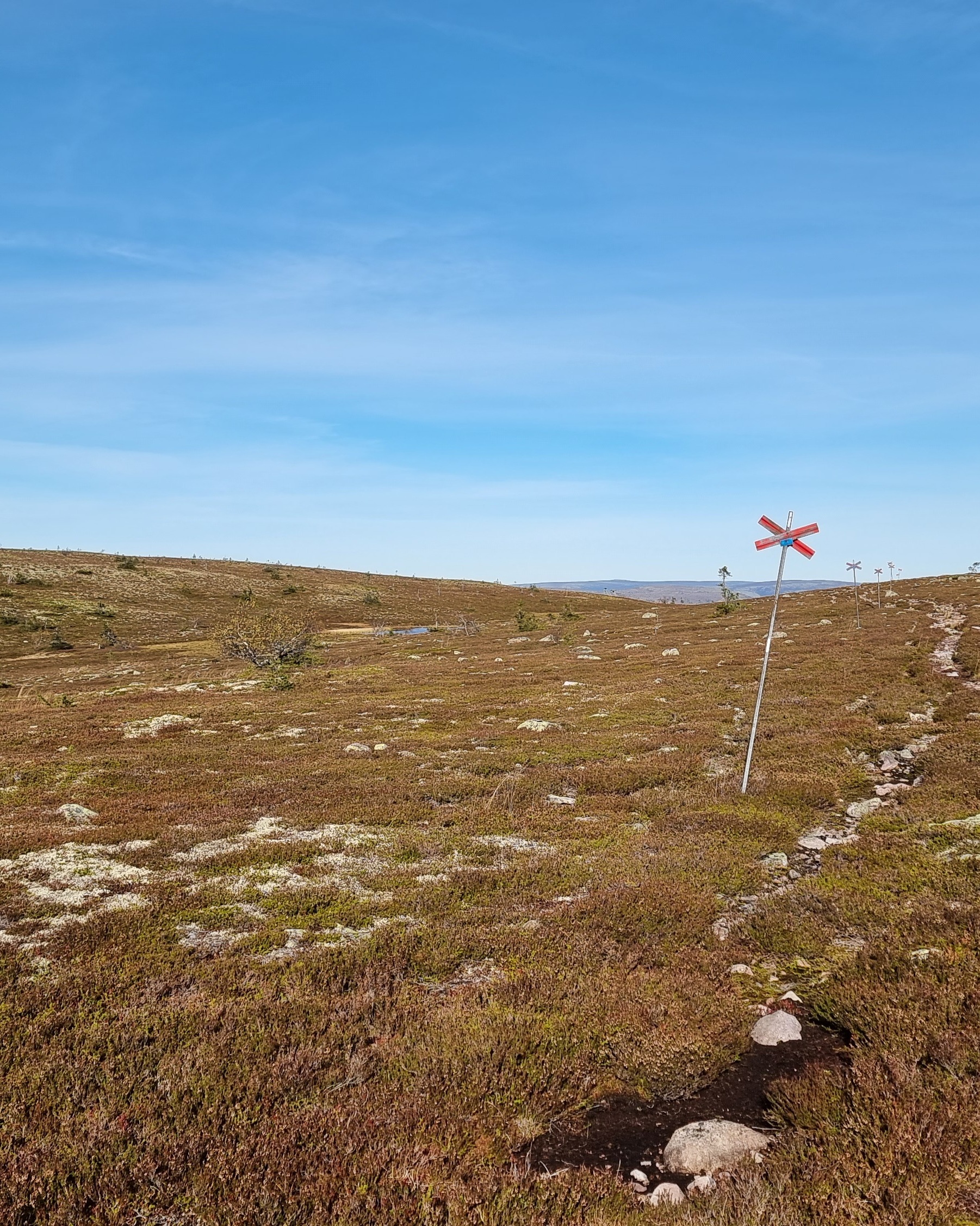 A narrow rocky footpath winding through open moorland under a pale blue sky, leading toward a distant horizon.