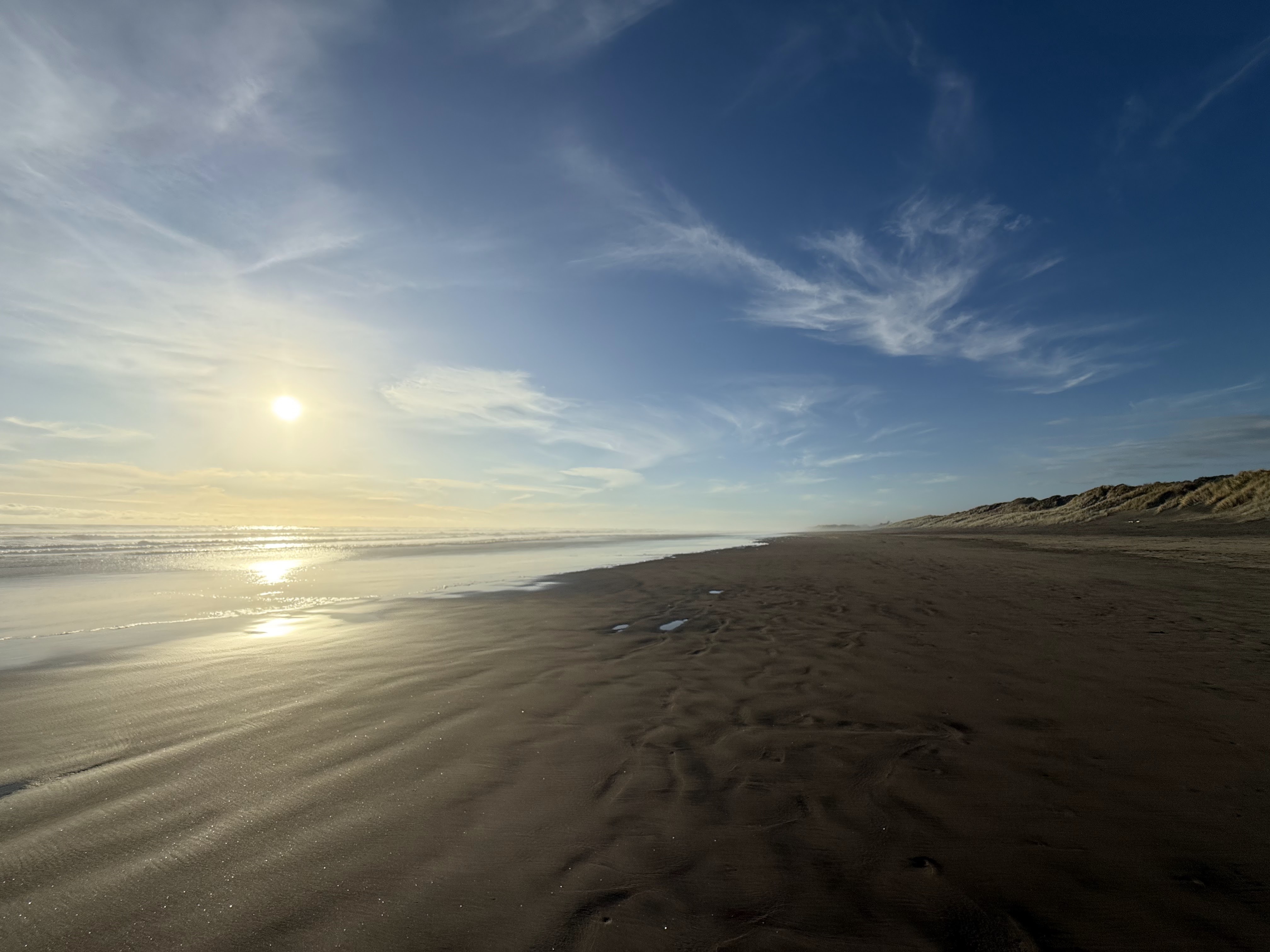 An expansive sandy beach in early-morning light; long stretch of dark wet sand and distant misty headlands.